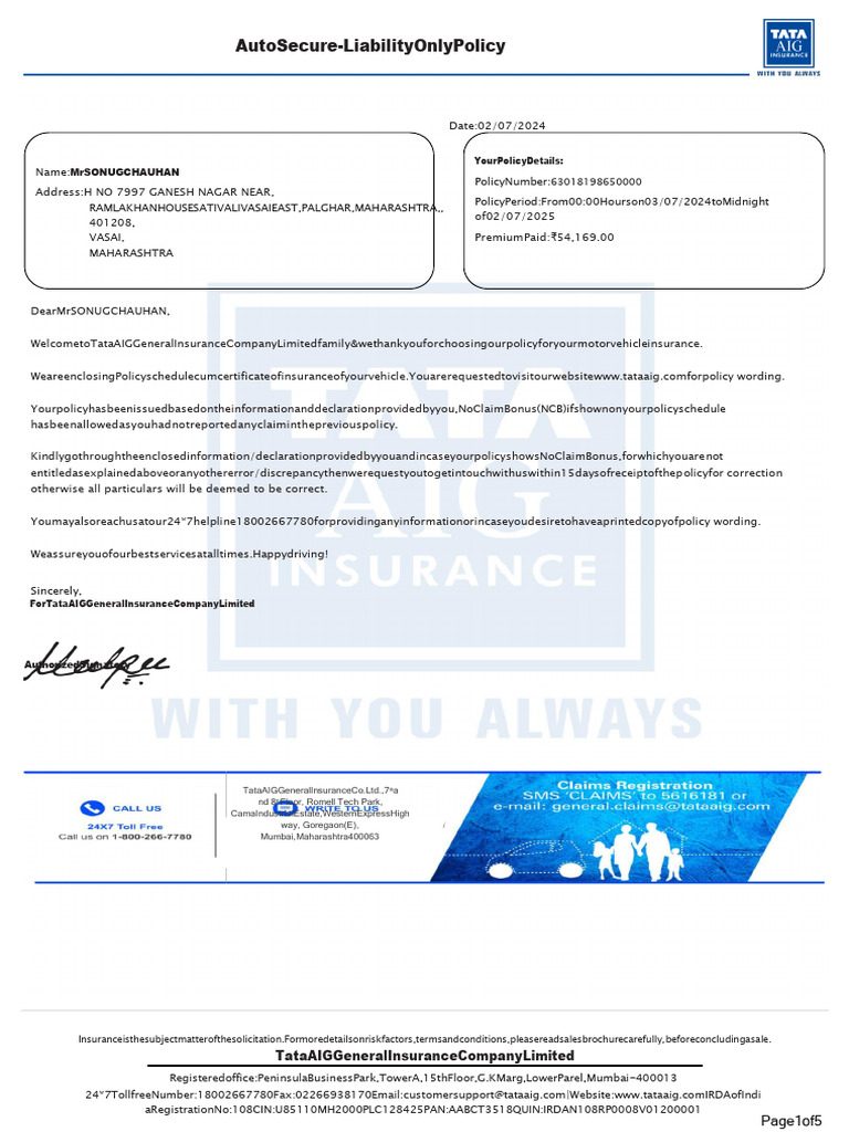 Tata AIG AutoSecure Liability Policy | PDF | Vehicles | Transport
