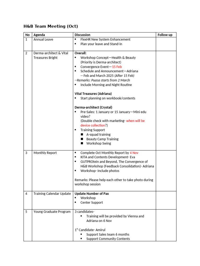 H&B Team Meeting Summary - October | PDF | Business | Finance & Money ...