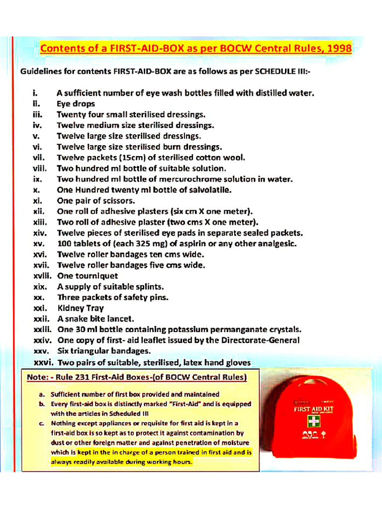 First Aid Box Contents As Per Bocw | PDF