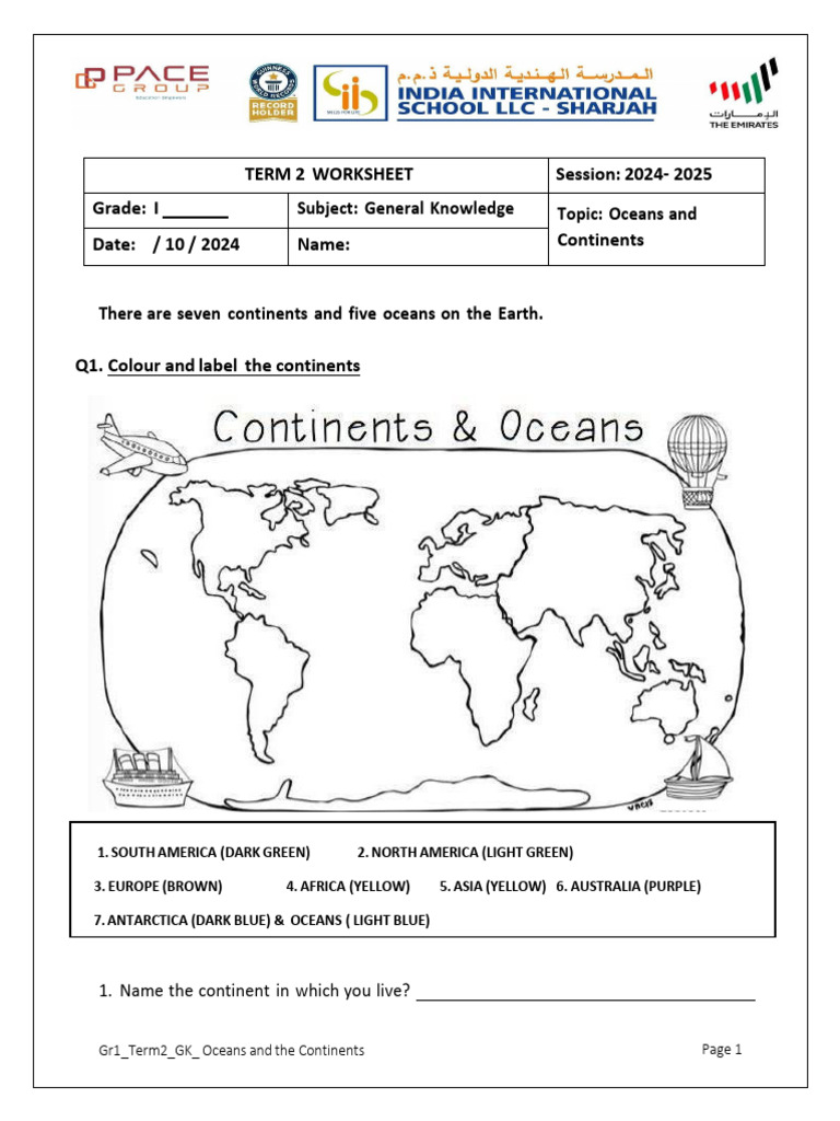 L2 GK Worksheet - Oceans and Continents | PDF | Continent | Oceans for Continents And Oceans Quiz Printable Free