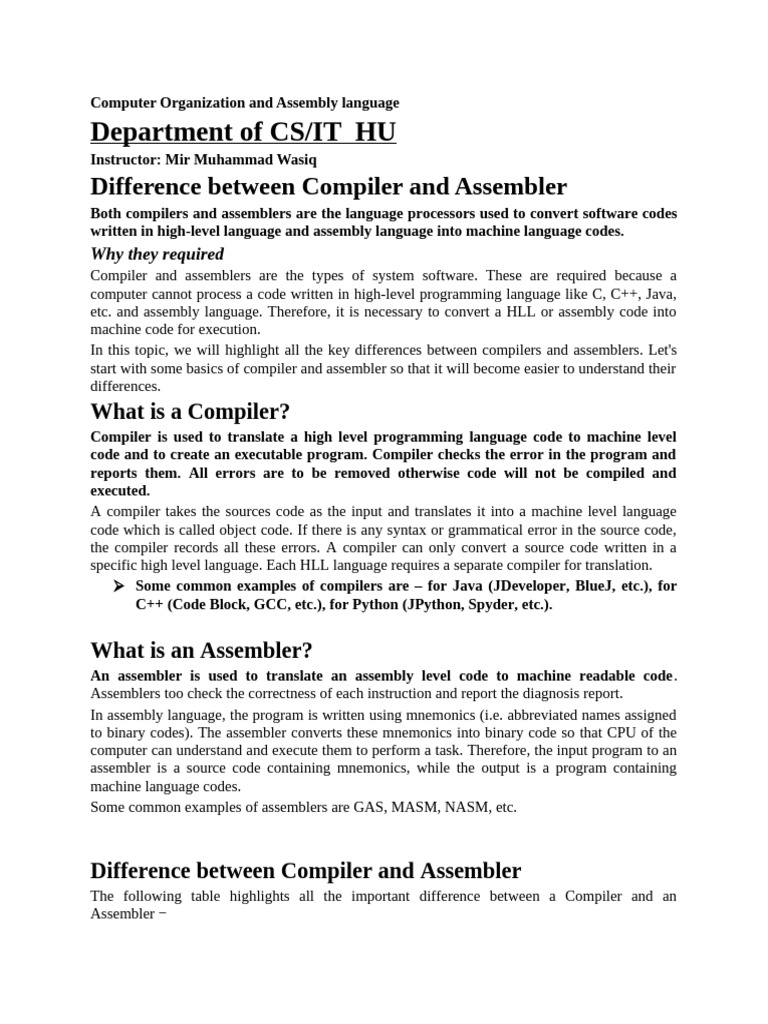 Difference Between Compilers and Assembler | PDF | Assembly Language ...