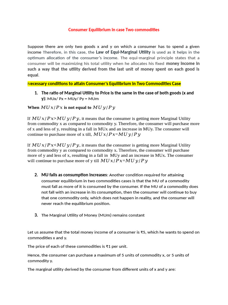 Consumer Equilibrium in Two Commodities | PDF | Utility | Economic ...