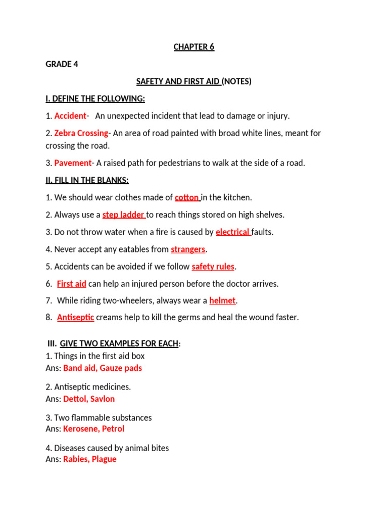 Safety And First Aid For Class 4 Worksheet With Answers Fire Safety