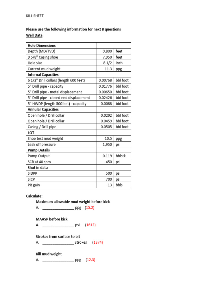 Kill Sheet Calculations for Well Control | PDF | Casing (Borehole)