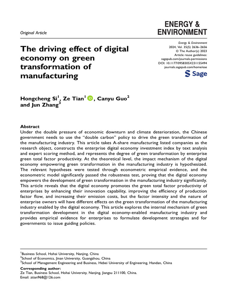 The Driving Effect of Digital Economy On Green Transformation of ...