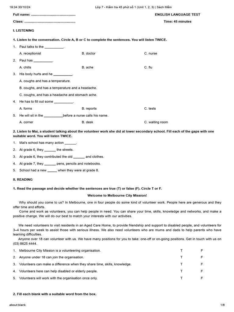 English Test for Grade 7 Students | PDF