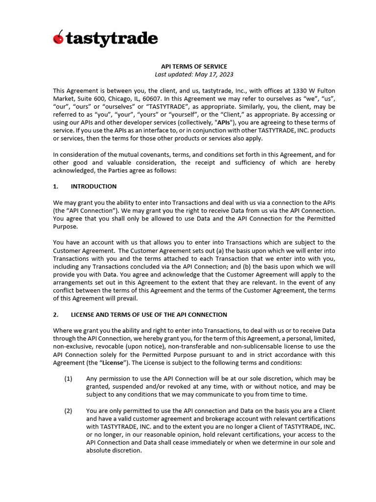 Tastytrade API Terms of Service | PDF | License | Legal Liability