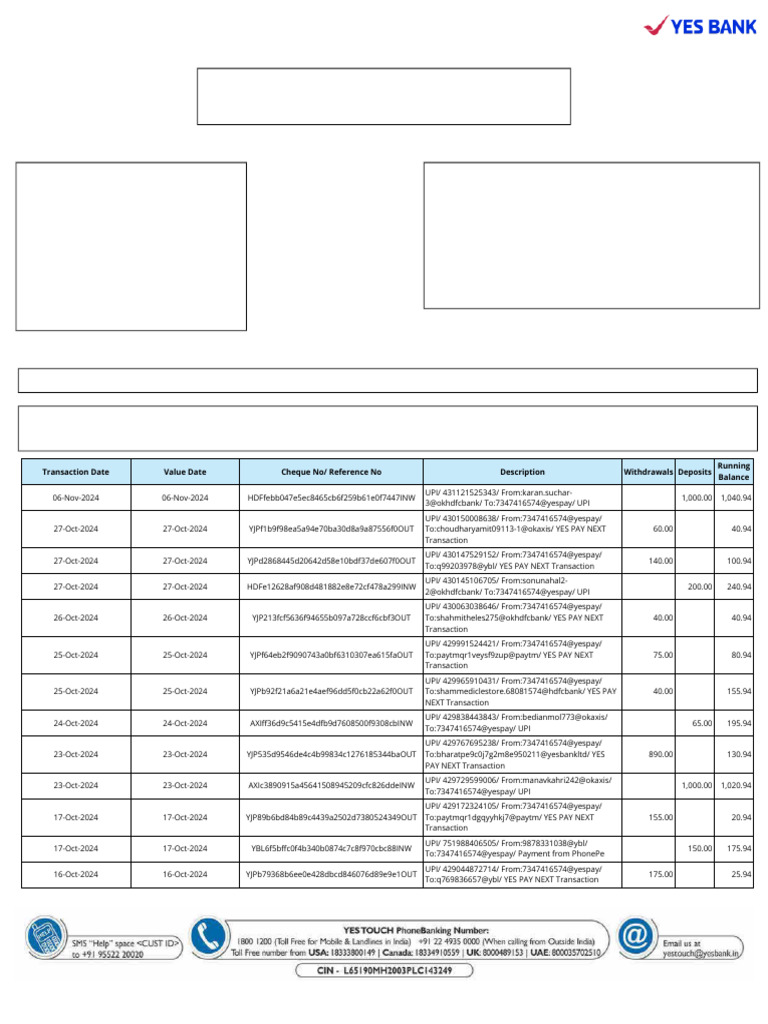 Yes Bank Account Statement Summary | PDF | Cheque | Financial Transaction