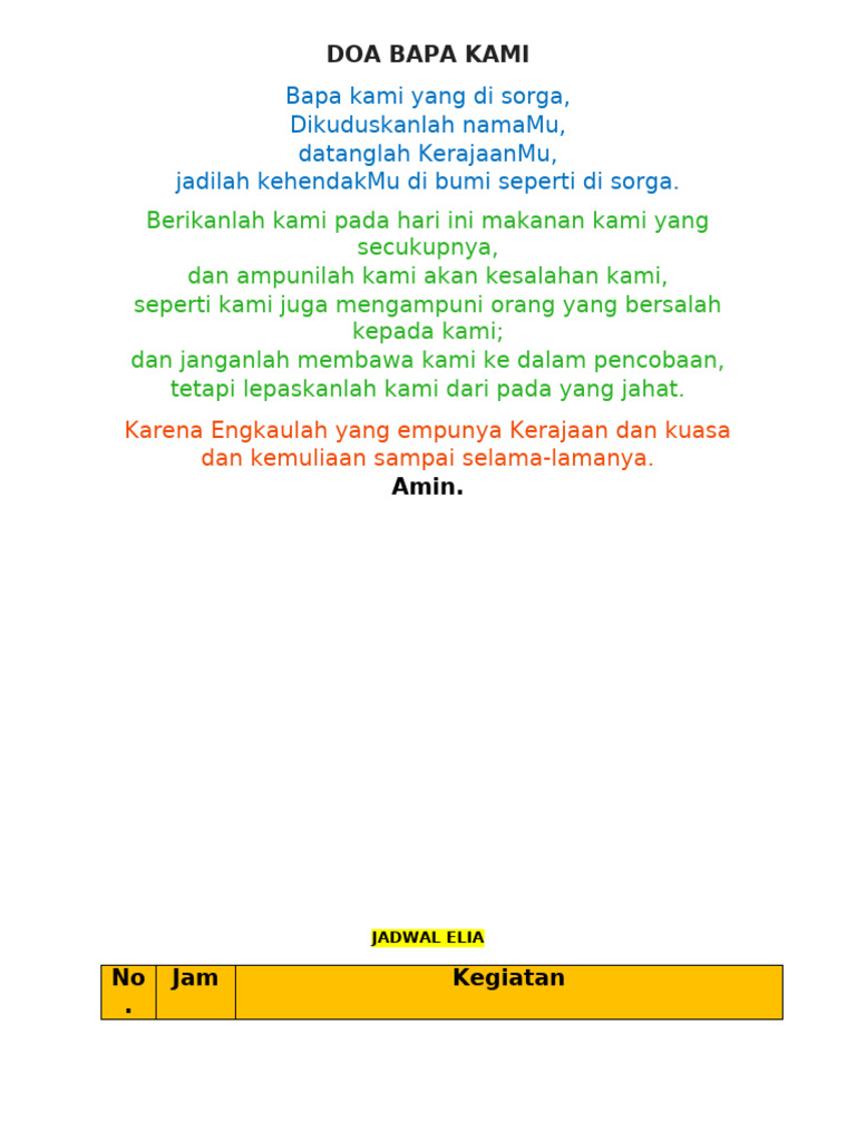 Doa Bapa Kami dan Jadwal Harian Elia | PDF | Memasak, Makanan, & Anggur