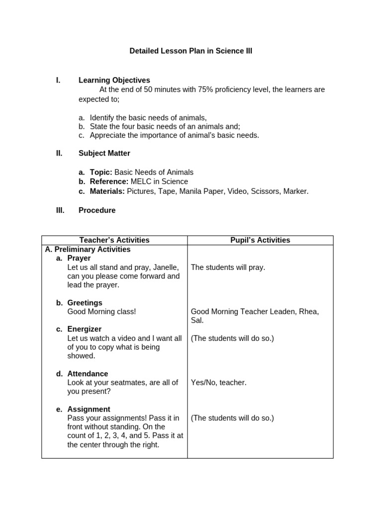 Science III Lesson Plan: Animal Needs | PDF | Lesson Plan | Learning