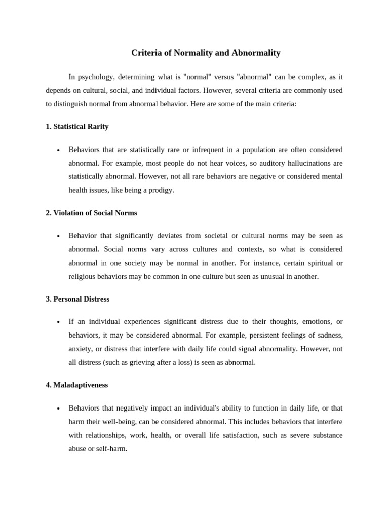 Criteria for Normality and Abnormality | PDF | Abnormal Psychology ...