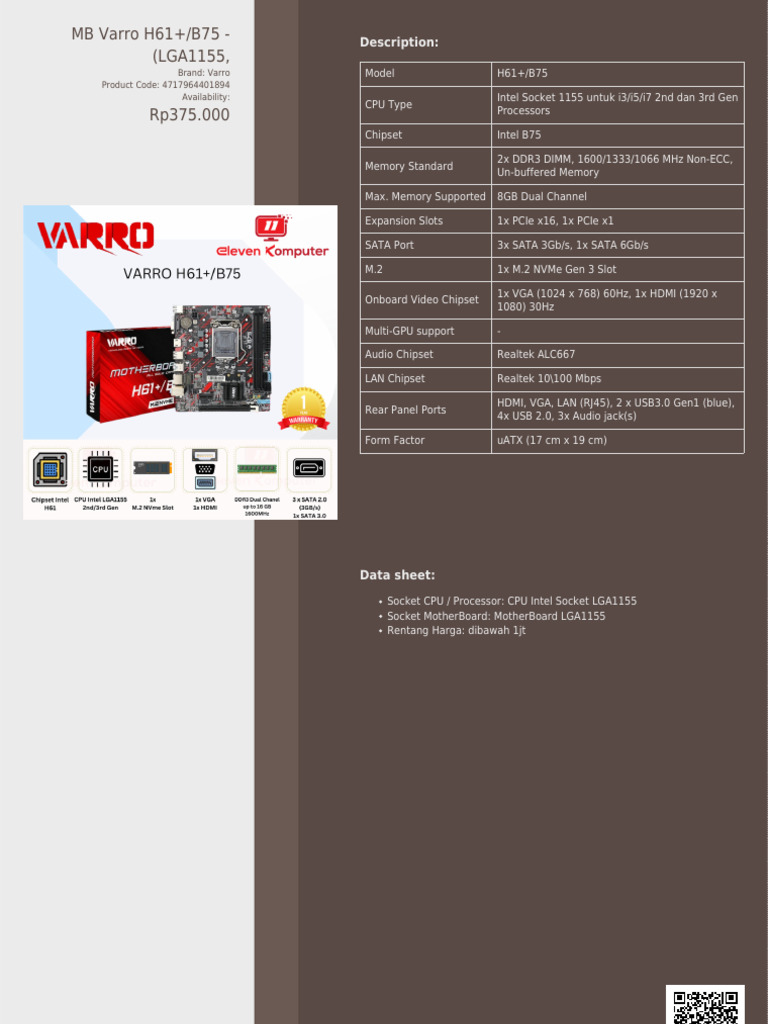 Varro H61 B75 Motherboard Specs Pdf Computers