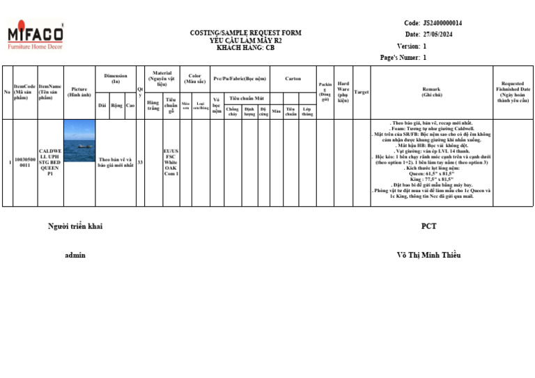 Costing/Sample Request Form Yêu Cầu Làm Mẫy R2 Khách Hàng: Cb Code ...