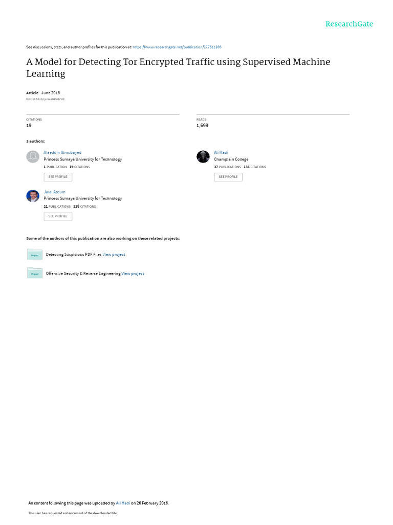 A Model For Detecting Tor Encrypted Traffic Using Supervised Machine