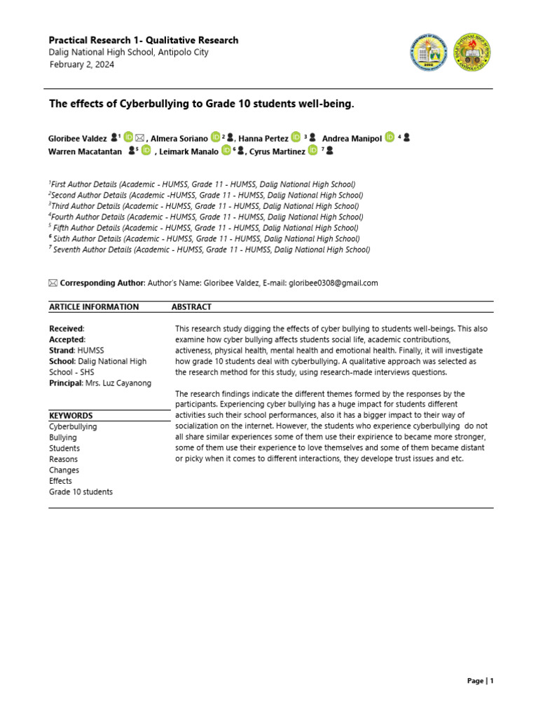 Effects of Cyberbullying on Grade 10 Students | PDF | Cyberbullying ...
