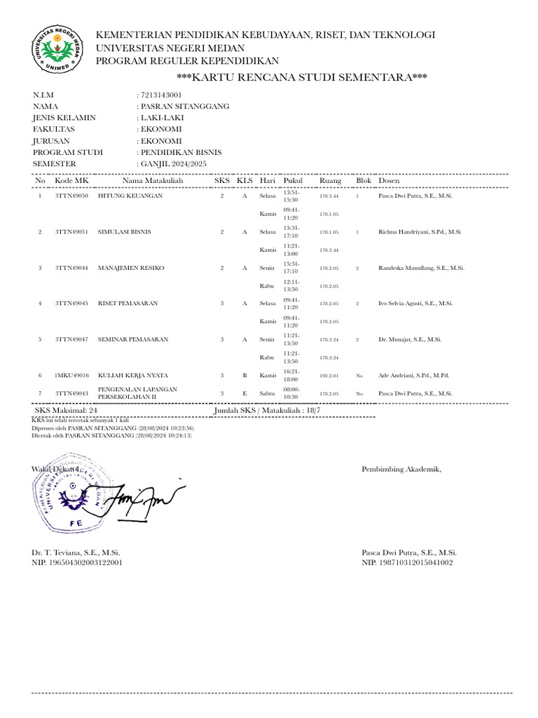 Kartu Rencana Studi Pasran Sitanggang | PDF