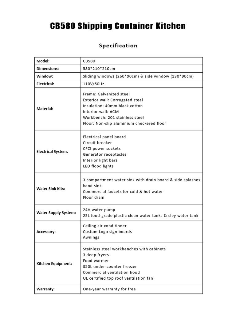 CB580 Shipping Container Kitchen Specs | PDF