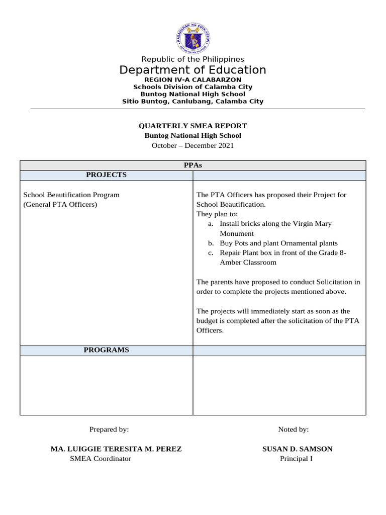 Buntog National High School SMEA Report | PDF