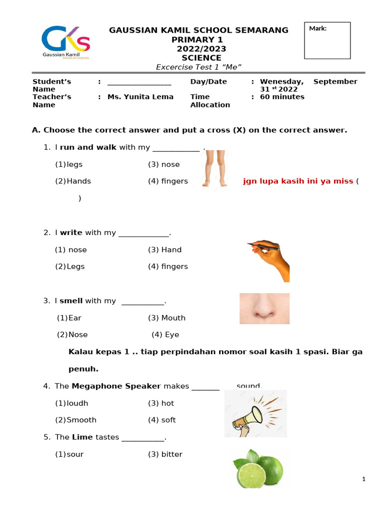 Primary 1 Science Exercise Test 2022 | PDF | Taste | Human Head And Neck
