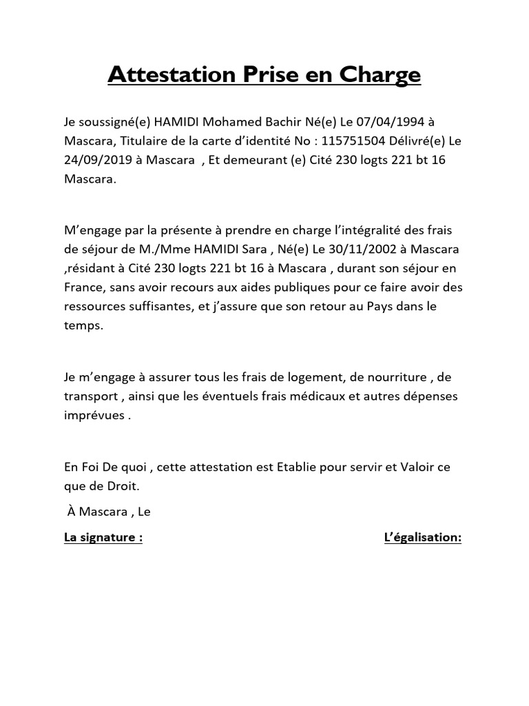 Attestation de Prise en Charge à Mascara | PDF | Sciences sociales | Droit