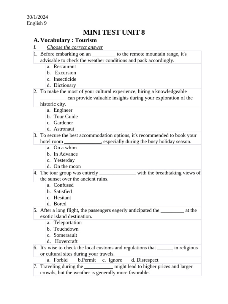 Vocabulary Mini Test: Tourism Concepts | PDF | Hotel