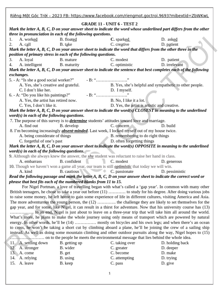 Đề Kiểm Tra Friends Global GRADE 11 - UNIT 6 - TEST 2 - ĐỀ | PDF | O. Henry