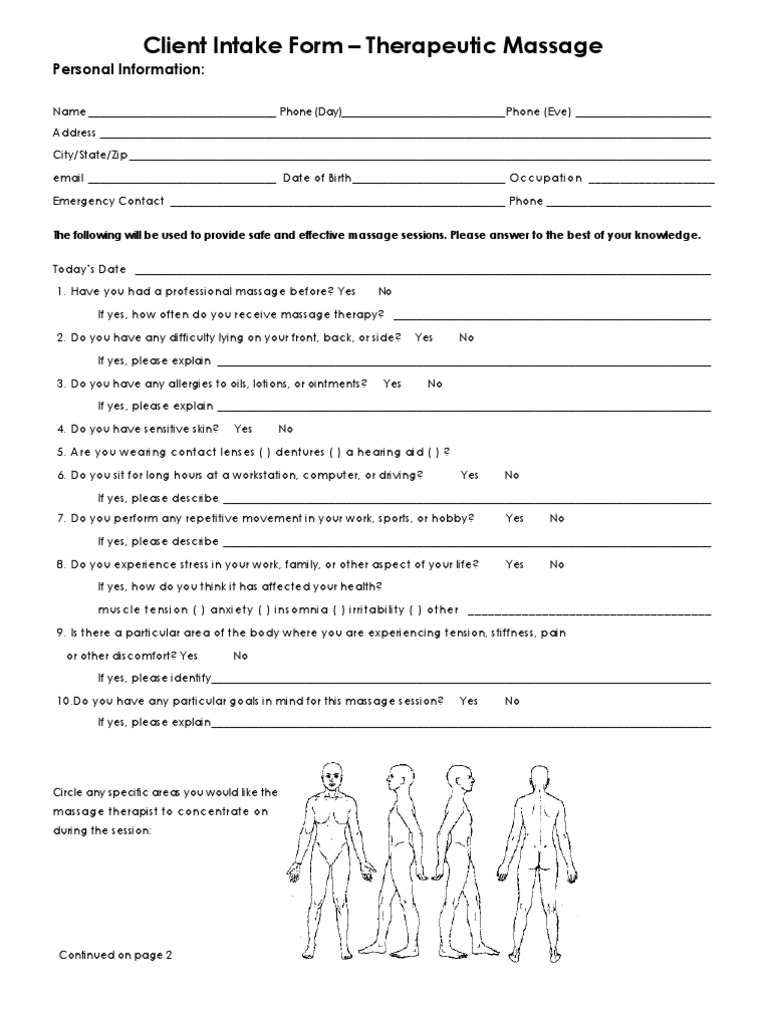 Massage Client Intake Form Pdf Massage Physician