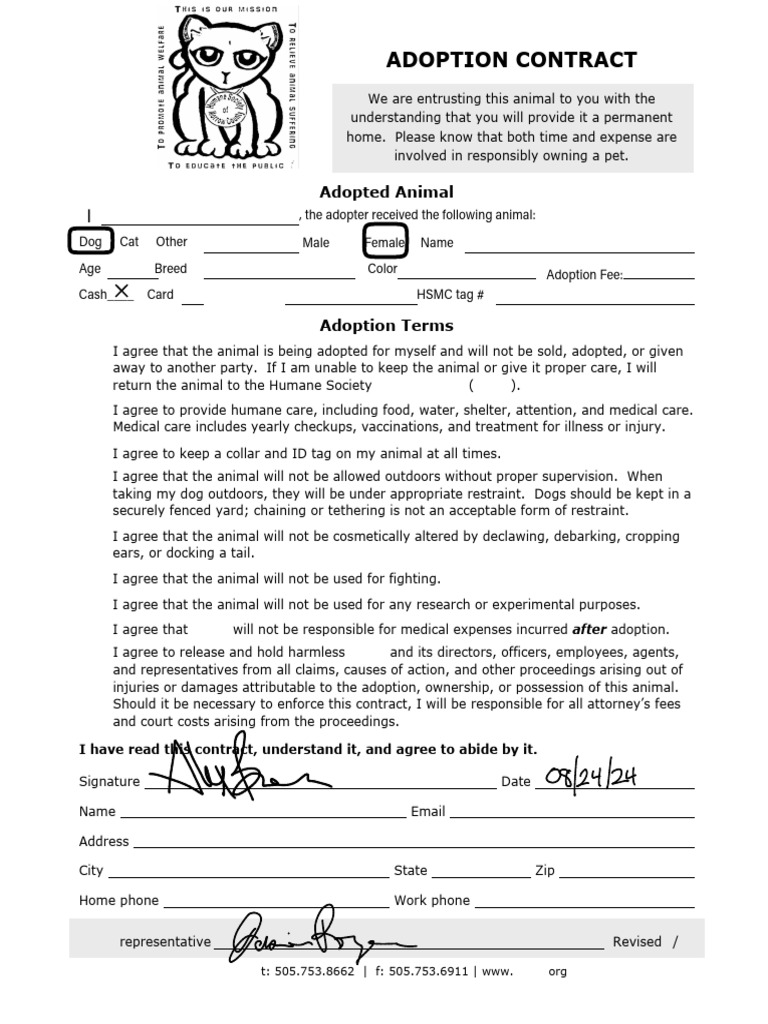 HSMC Adoption Contract 5 - 24 | PDF | Animals And Humans | Domesticated ...