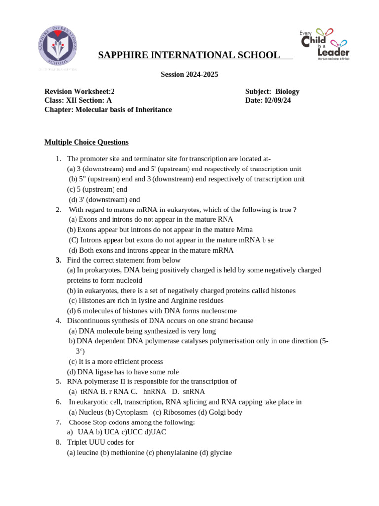 Revision Worksheet 2 | PDF | Operon | Gene
