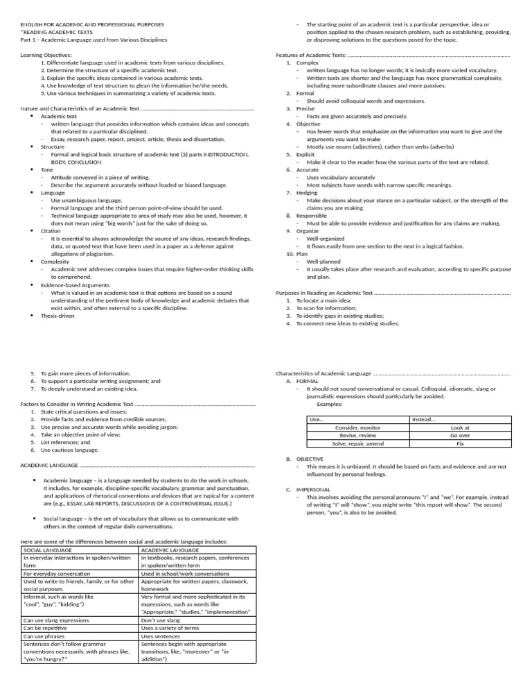 PART 1 - Academic Language Used From Various Disciplines | PDF | Word ...