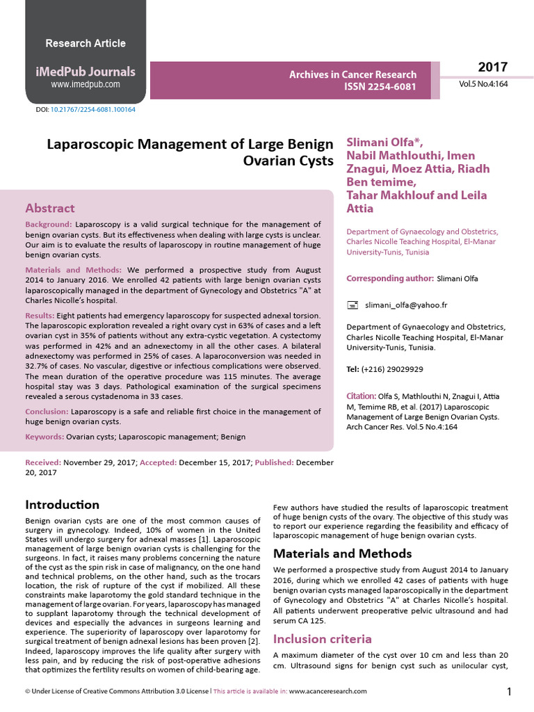 Laparoscopic Management of Large Benign Ovarian Cysts | PDF | Ovarian ...