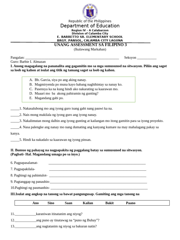 Q2 Filipino Summative Test 1 | PDF