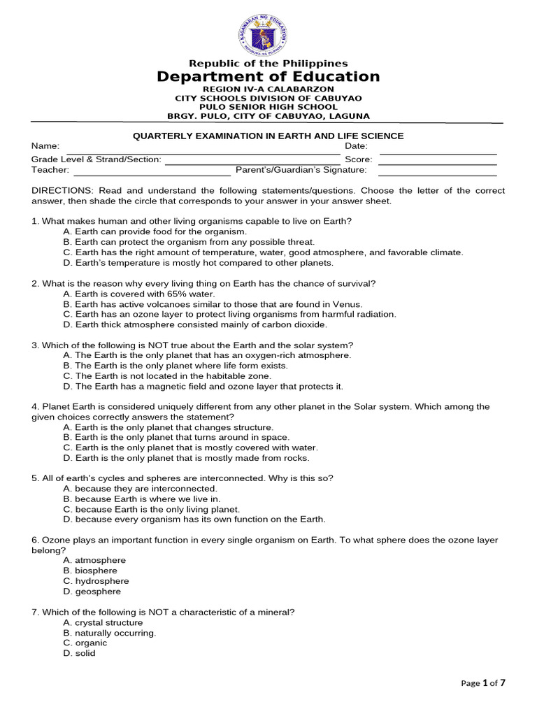 Quarterly Examination in Earth and Life Science (Q1) | PDF | Rock ...