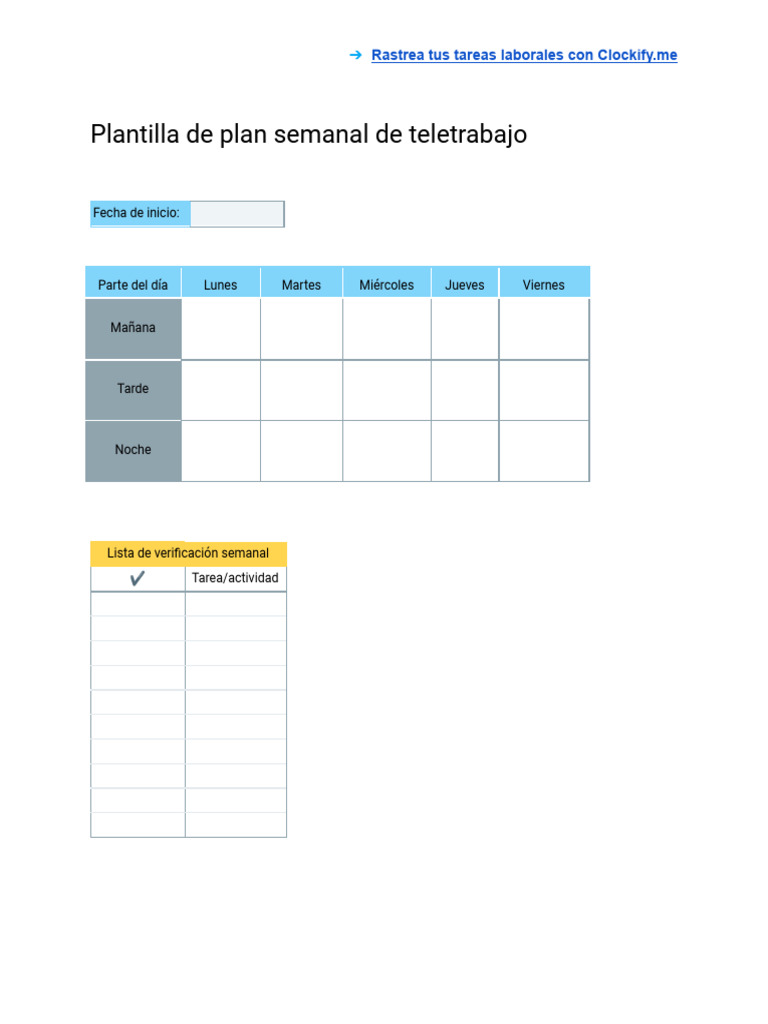 Plantilla de Plan Semanal de Teletrabajo | PDF | Crecimiento personal y ...
