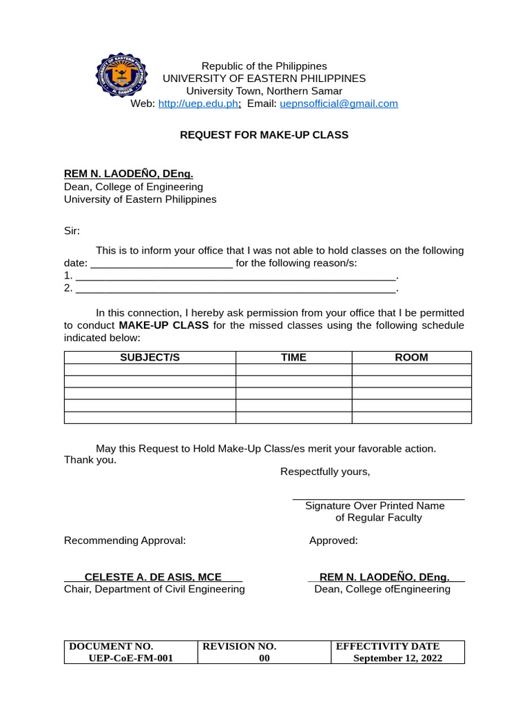 Request for Make-Up Class Approval | PDF | Career & Growth