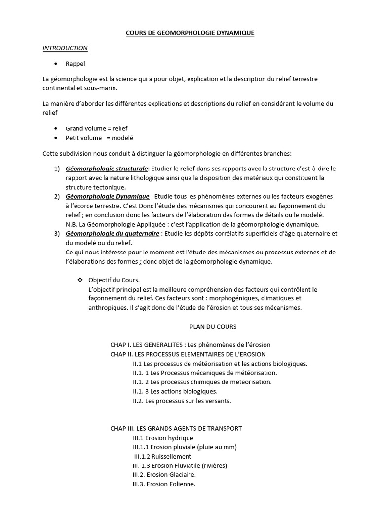 Cours de Géomorphologie Dynamique | PDF | Érosion | Géomorphologie