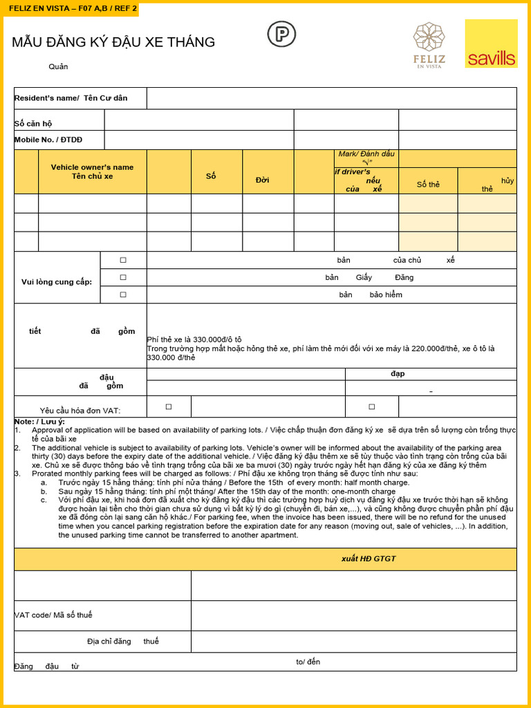 Monthly Parking Application - Savill Form | PDF