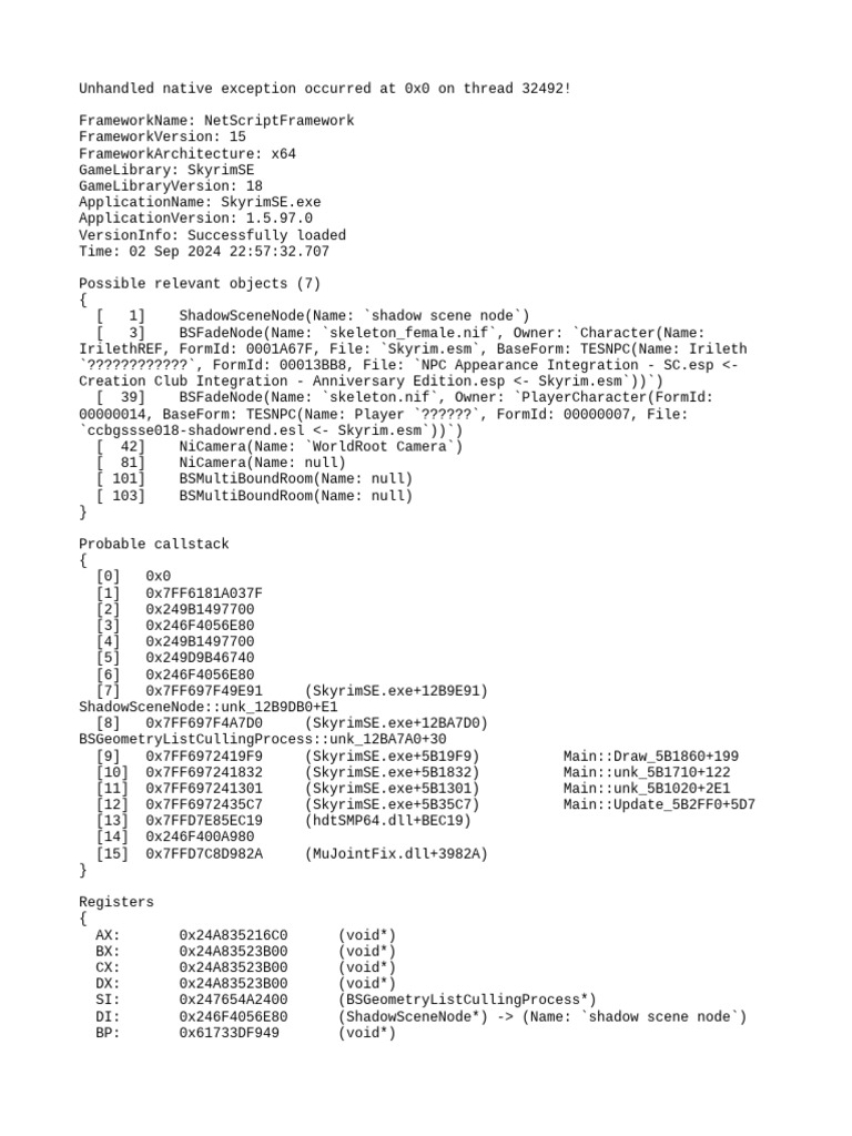 SkyrimSE Native Exception Report | PDF | Computing | Microsoft Software
