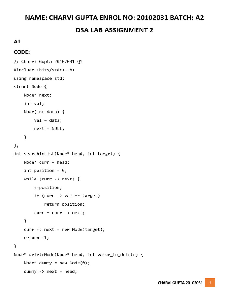 Charvi Gupta's DSA Lab Assignments | PDF | Namespace | Computing