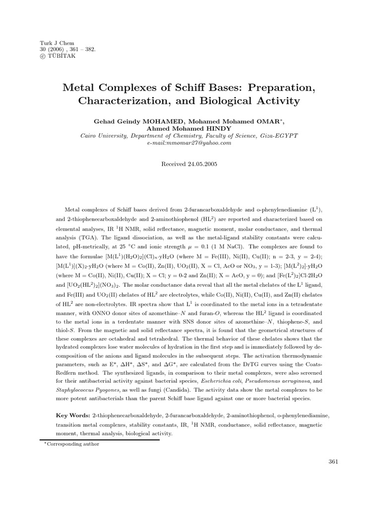 Metal Complexes of Schiff Bases: Synthesis & Activity | PDF ...