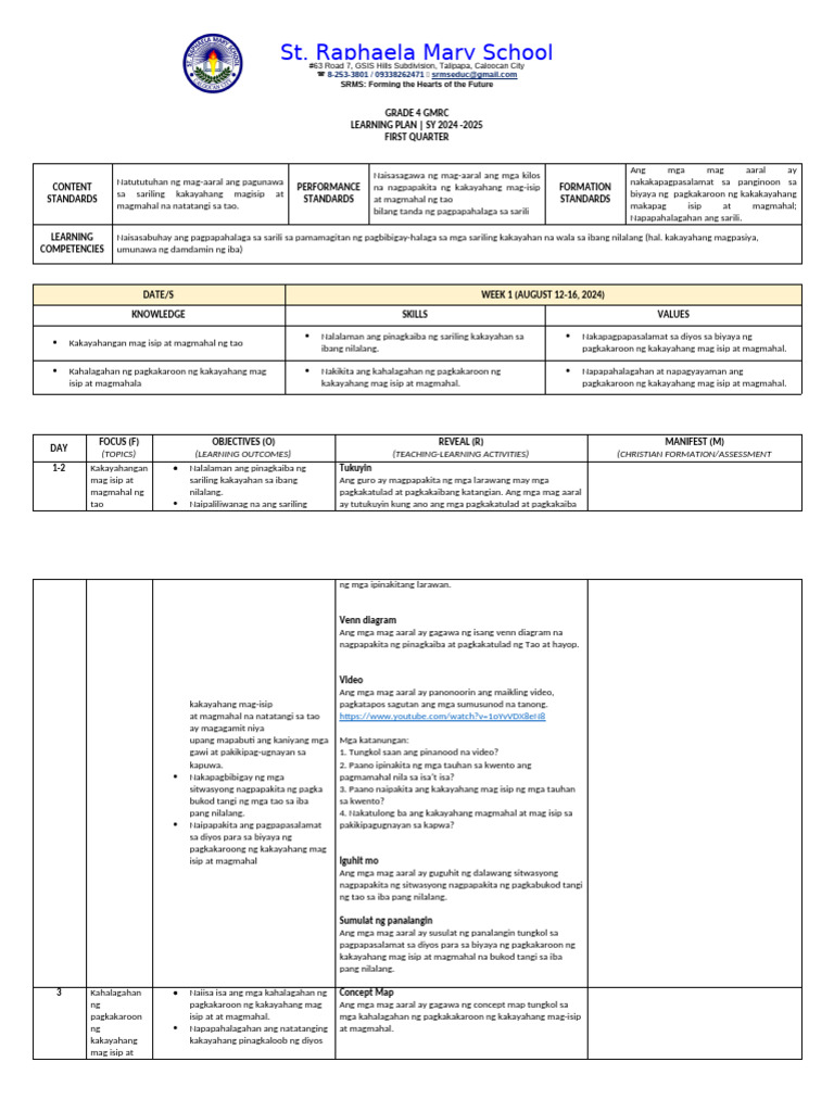 Q1 GMRC Learning Plan Grade 4 | PDF