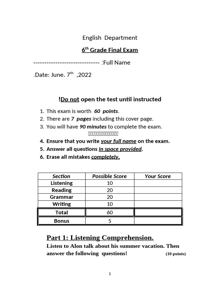 6th Grade Exam 2022 Future Adjectives Pdf
