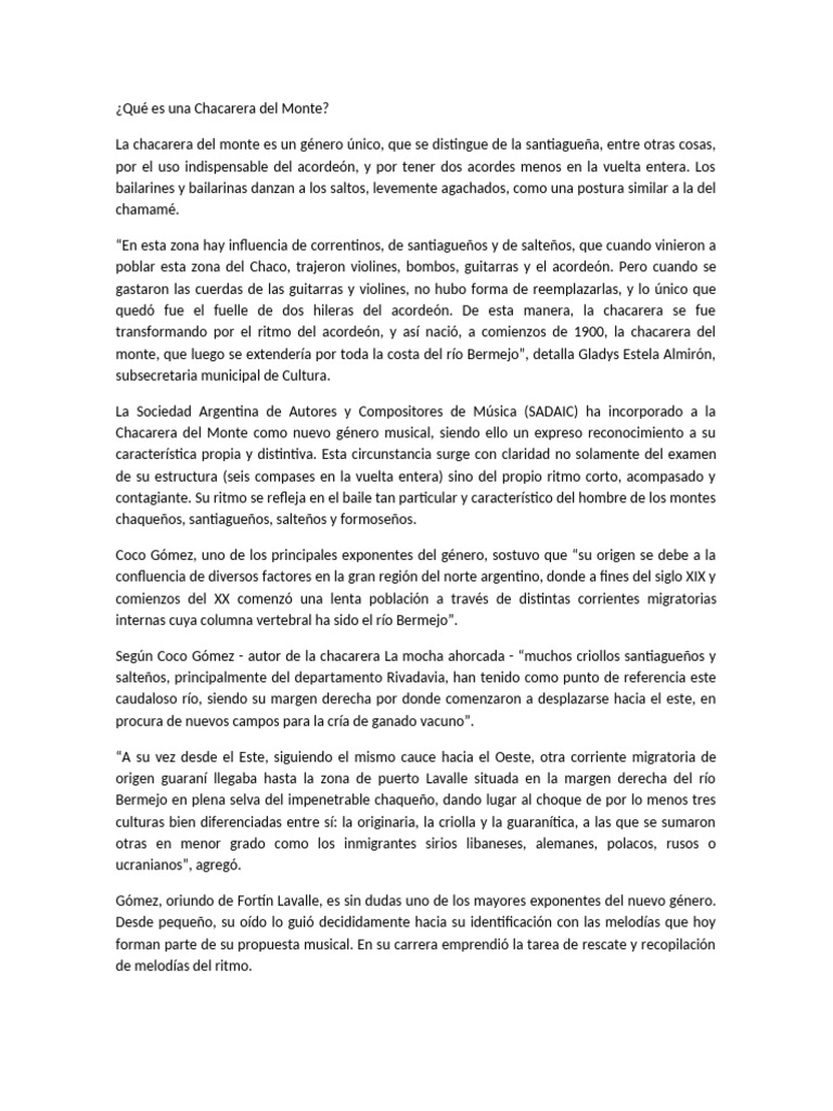 Historia y danza de la Chacarera del Monte | PDF | Las artes escénicas