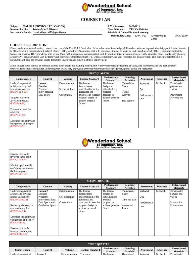 MAPEH 7 Physical Education Course Plan | PDF | Physical Education ...