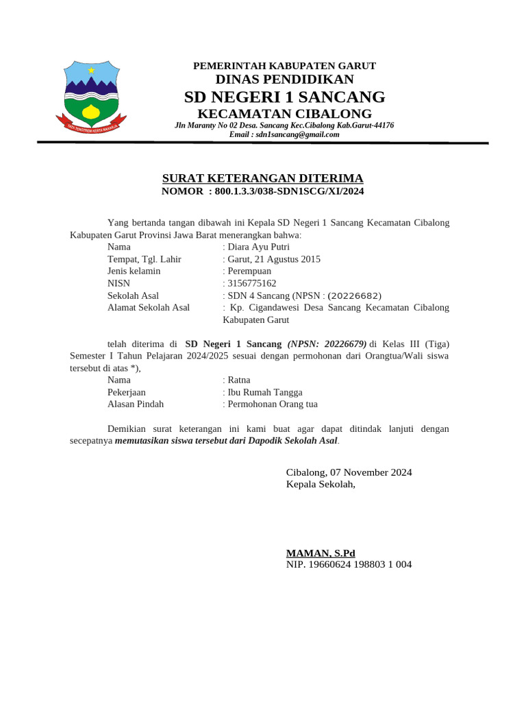 Surat Keterangan Diterima di SD | PDF