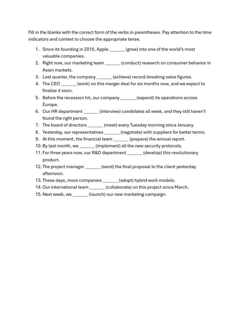 Tenses Exercise | PDF | Business | Finance & Money Management