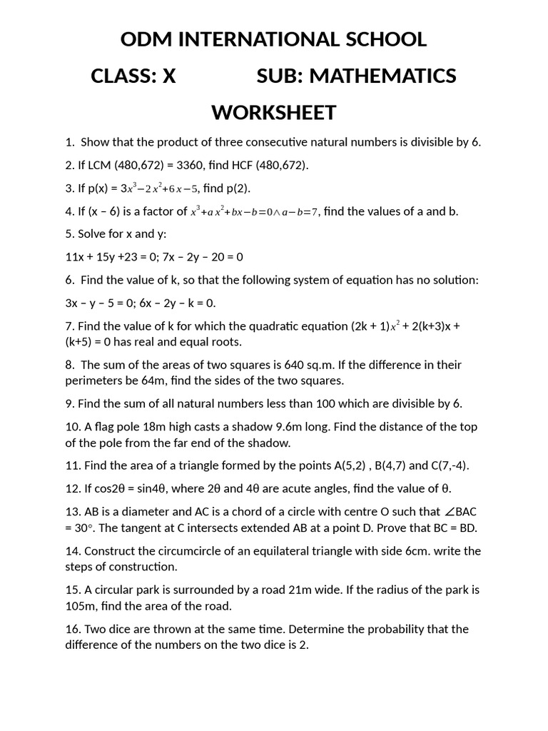 Class X Mathematics Worksheet | PDF | Area | Circle