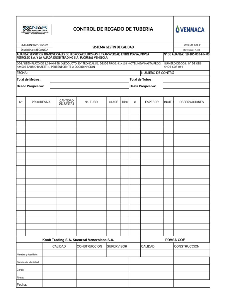 CONTROL DE REGADO DE TUBERIA- VEN-ME-002-F | PDF | Aceites ...