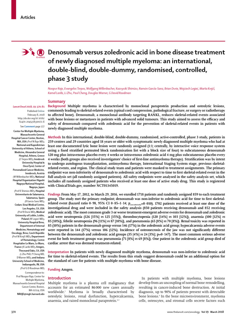Raje 2018 Denosumab Versus Zoledronic Acid in Bone Disease Treatment ...