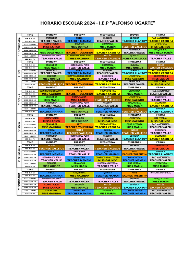 Horario Escolar 2024 I.E.P. Alfonso Ugarte | PDF | Matemáticas | Science